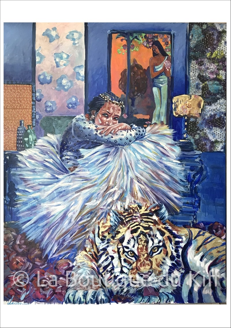 Carte Femme Tigre 1 : Pensive au Gauguin - Louise Groux - Artiste Peintre Carte Femme Tigre 1 : Pensive au Gauguin - Louise Groux - Artiste Peintre