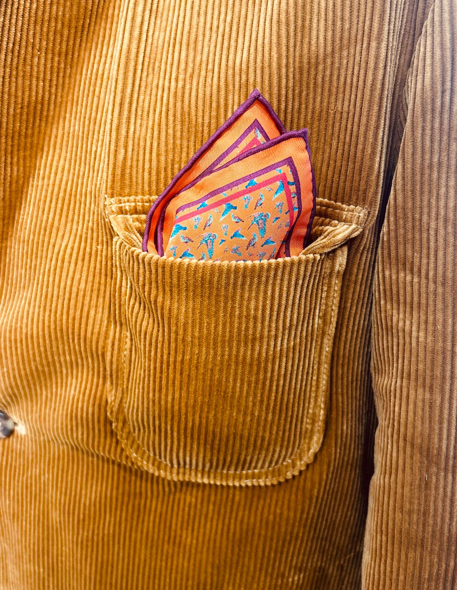 Pochette homme perdrix et bécasse orange, - Louise Groux - Artiste Peintre