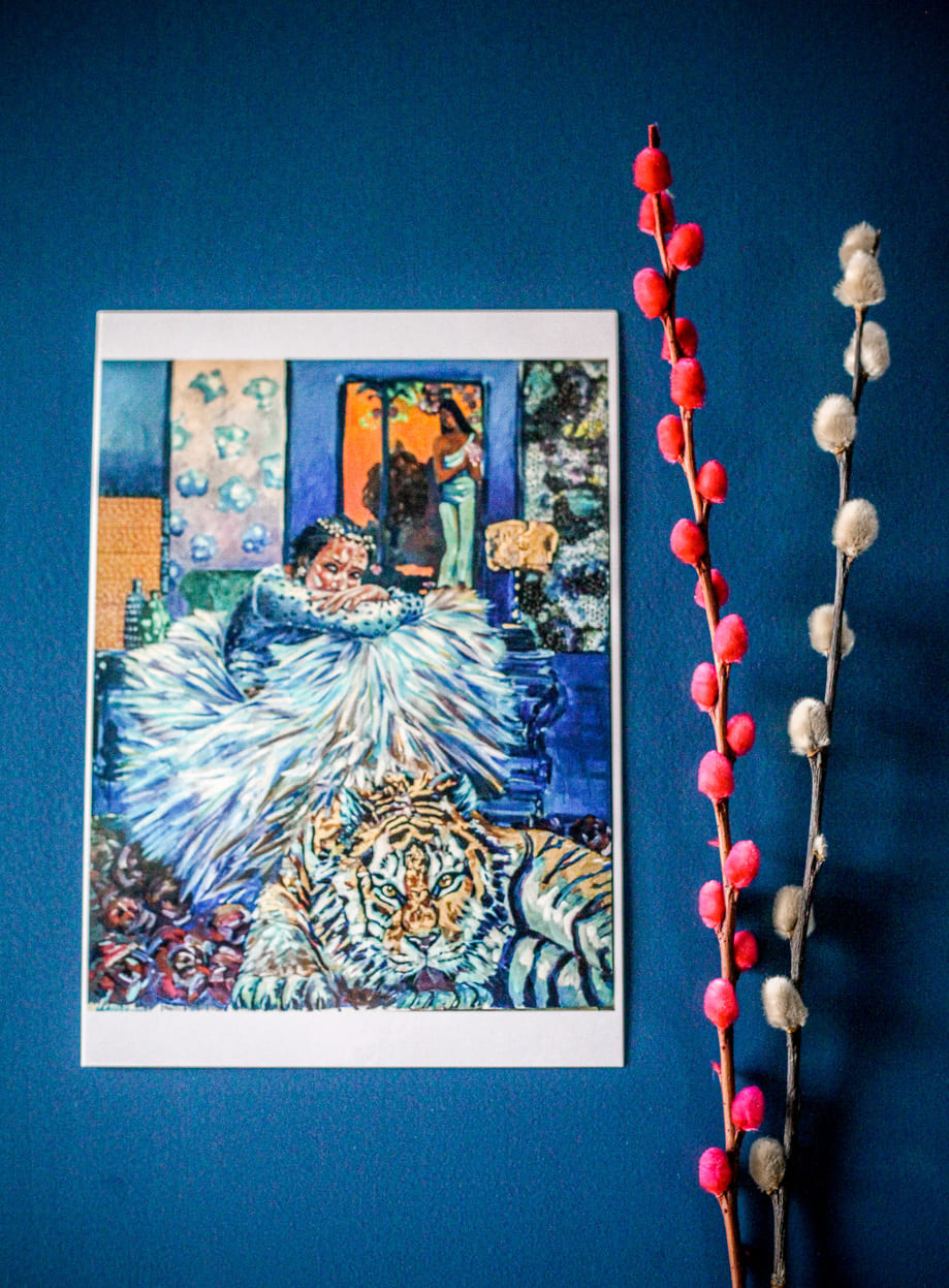Carte Femme Tigre 1 : Pensive au Gauguin - Louise Groux - Artiste Peintre Carte Femme Tigre 1 : Pensive au Gauguin - Louise Groux - Artiste Peintre