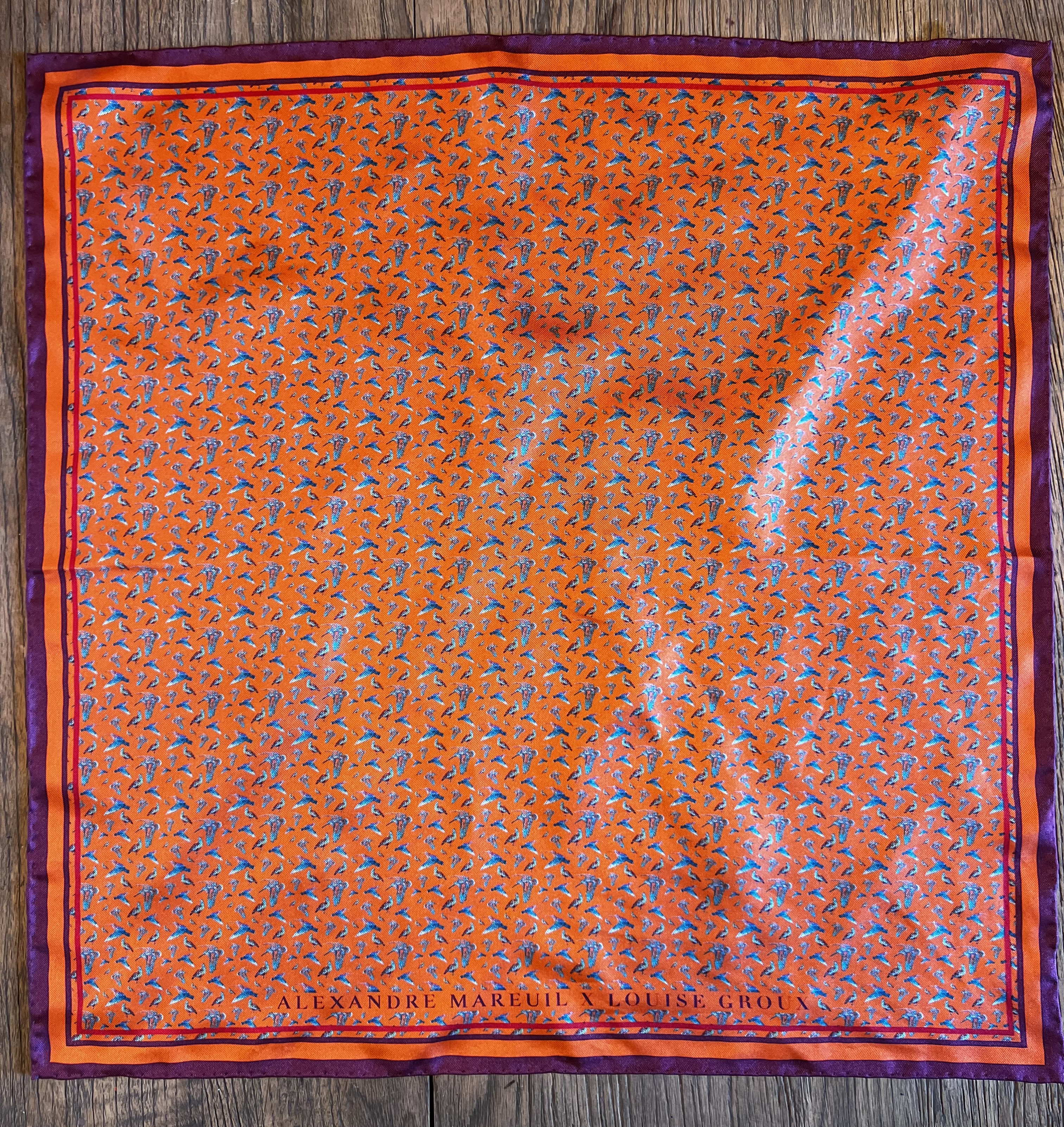 Pochette homme perdrix et bécasse orange, - Louise Groux - Artiste Peintre